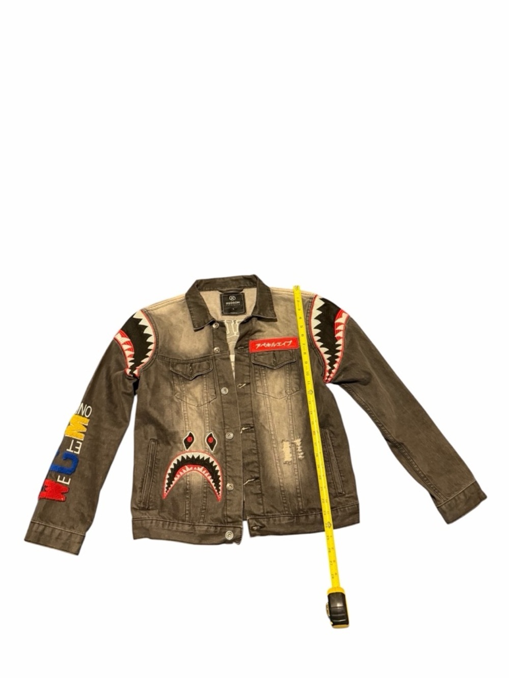 Hudson Jeans black men Denim Jacket with Shark Patch Accents, pre-owned, - Picture 3 of 13